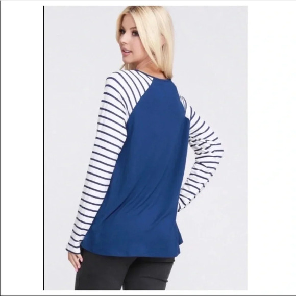 Blue Raglan Long Sleeve Striped Top | Casual Soft Fall Shirt - Picture 5 of 8
